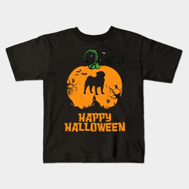 Halloween Pug Pumpkin Kids T-Shirt by Sleazoid